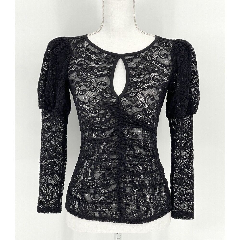 Smythe Juliet Keyhole Black Lace Blouse Long Puff Sleeve Ruched Womens Size S - Picture 1 of 5